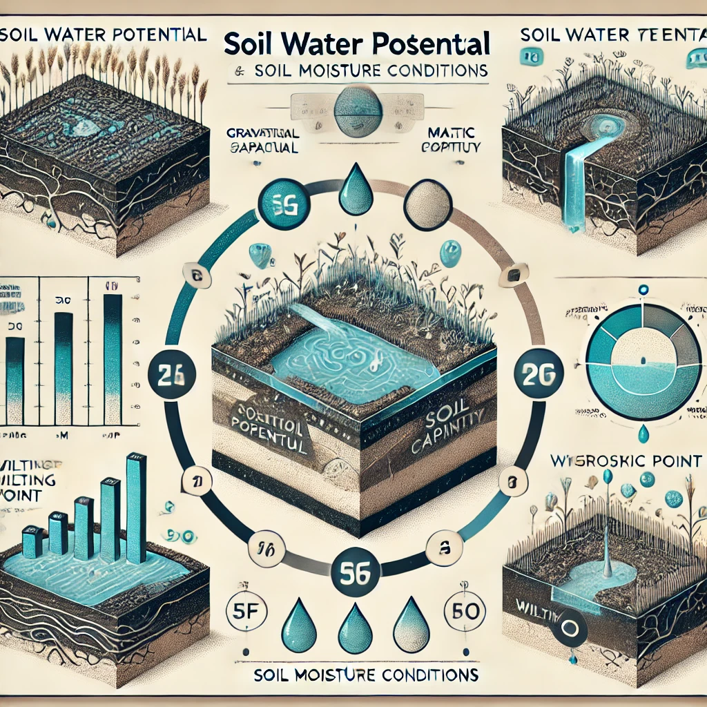 토양 수분퍼텐셜과 수분 상태를 설명하는 인포그래픽. 중력퍼텐셜, 매트릭퍼텐셜, 압력퍼텐셜, 삼투퍼텐셜의 개념과 토양 내 수분 이동을 시각적으로 표현. PF 값에 따른 포장용수량, 위조점, 흡습계수 등 다양한 토양 수분 상태 포함.