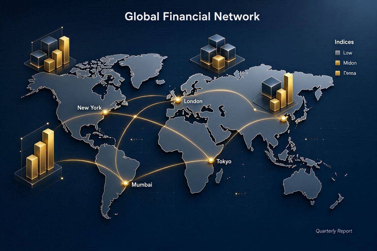A digital infographic showing a world map with glowing golden data lines connecting major global financial hubs, representing the interconnected nature of international stock market indices