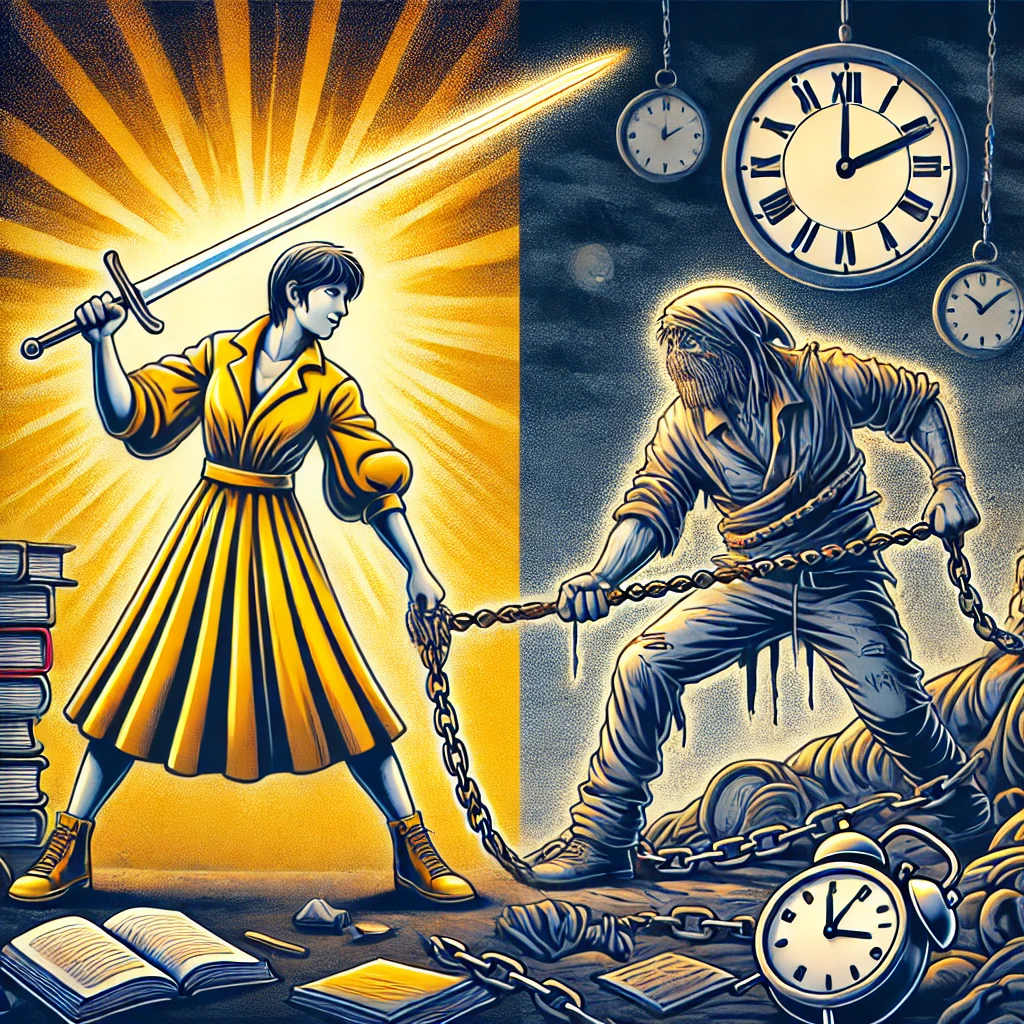 성실함과 나태함이 싸우는 모습을 형상화한 이미지입니다. 성실한 인물은 밝고 단정한 옷을 입고 노력의 검을 들고 있으며, 반면 나태한 인물은 흐트러진 모습으로 성실함을 끌어내리려 하고 있다.