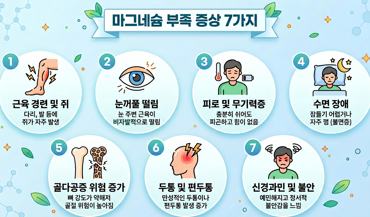 <img src="7-warning-signs-of-magnesium-deficiency.png" alt="눈 떨림, 만성 피로, 불면증, 두통 등 마그네슘 부족 시 나타나는 7가지 대표 증상을 요약한 인포그래픽">