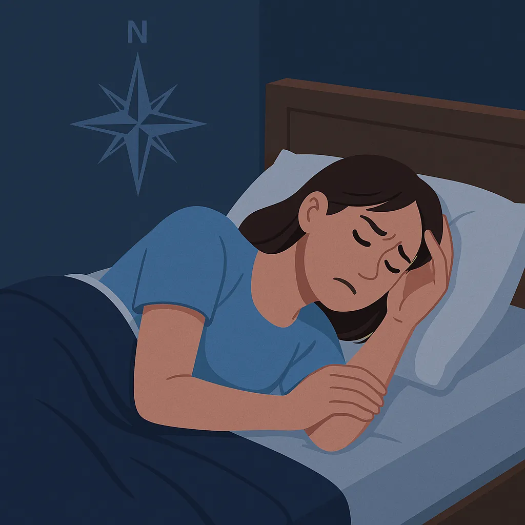 침대-방향-나침반을-배경으로-수면-중인-여성의-일러스트