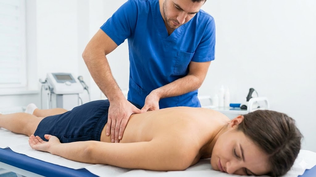밝고 깨끗한 정형외과 치료실에서 전문 물리치료사가 엎드려 있는 환자의 허리 부위에 도수치료를 시행하고 있습니다. 치료사의 집중하는 모습과 환자의 편안한 상태를 자연스럽게 포착했습니다.