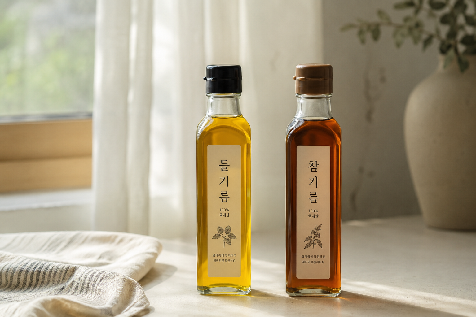 들기름 병, 참기름 병이 함께 놓인 자연광 사진, 참기름 들기름 차이
