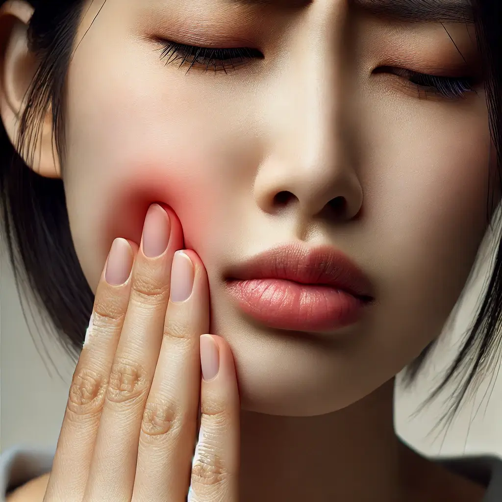 구내염으로 인해 뺨을 누르며 아픈 표정을 짓는 사람. 입안 염증으로 인한 불편함을 나타내는 사실적인 클로즈업 이미지, 부드럽고 중립적인 배경이 얼굴과 손의 동작을 강조합니다.
