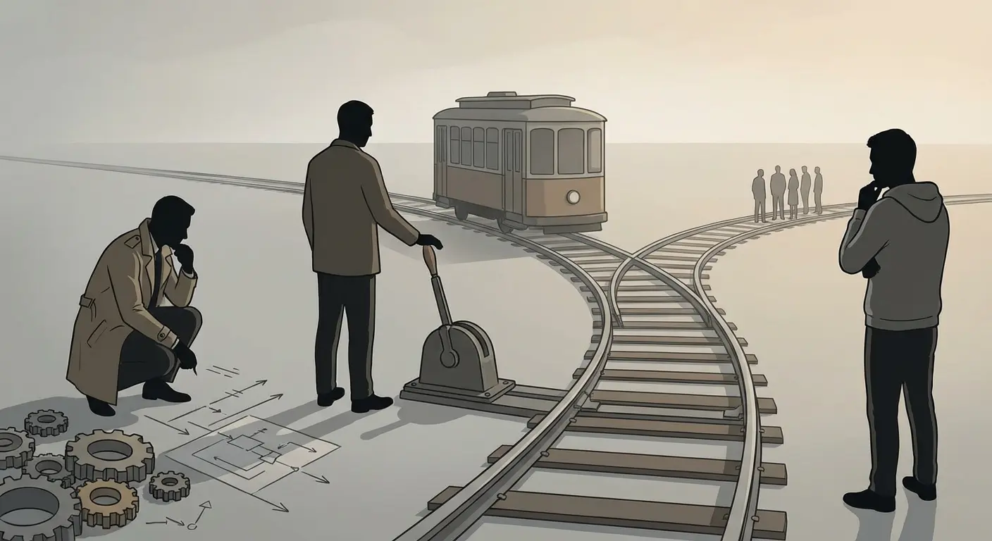 An illustration showing different personality types interpreting the trolley problem differently