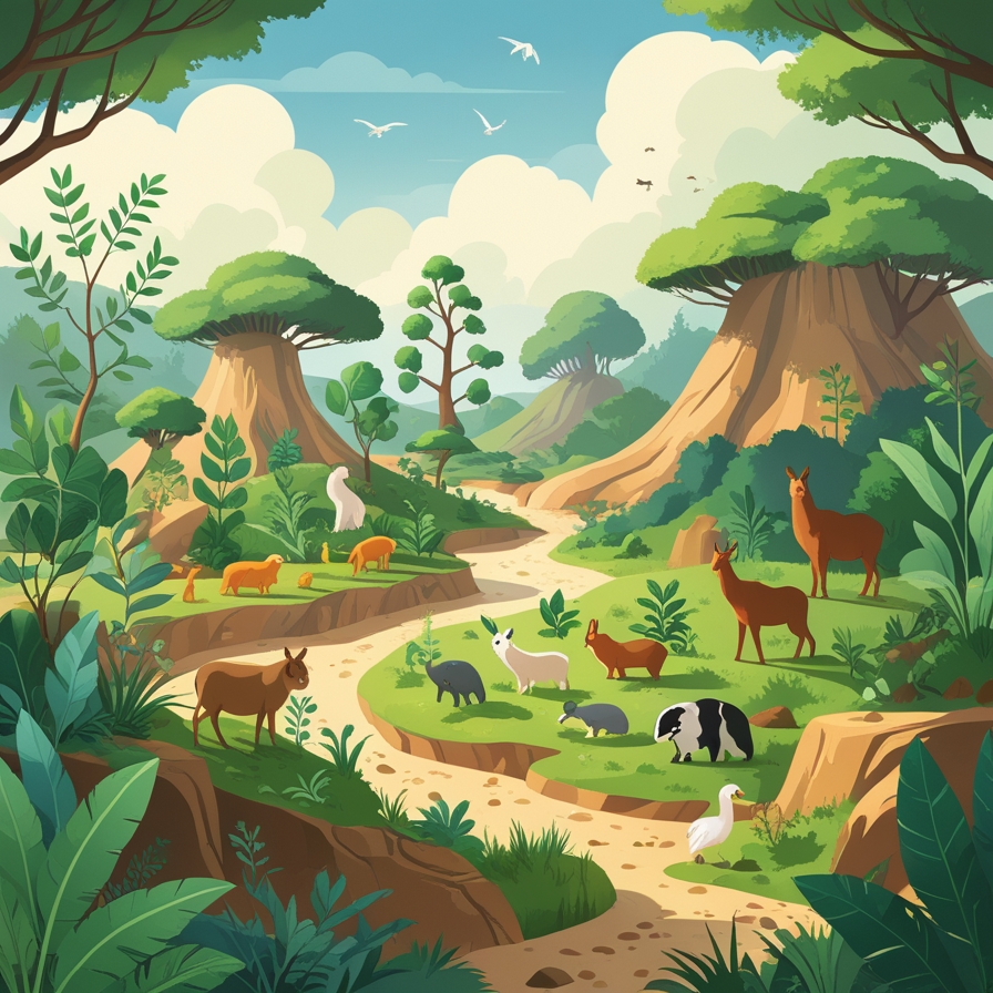 식물과 동물로 생태계가 완성된 뒤 인간이 마지막에 등장하는 모습을 표현한 장면