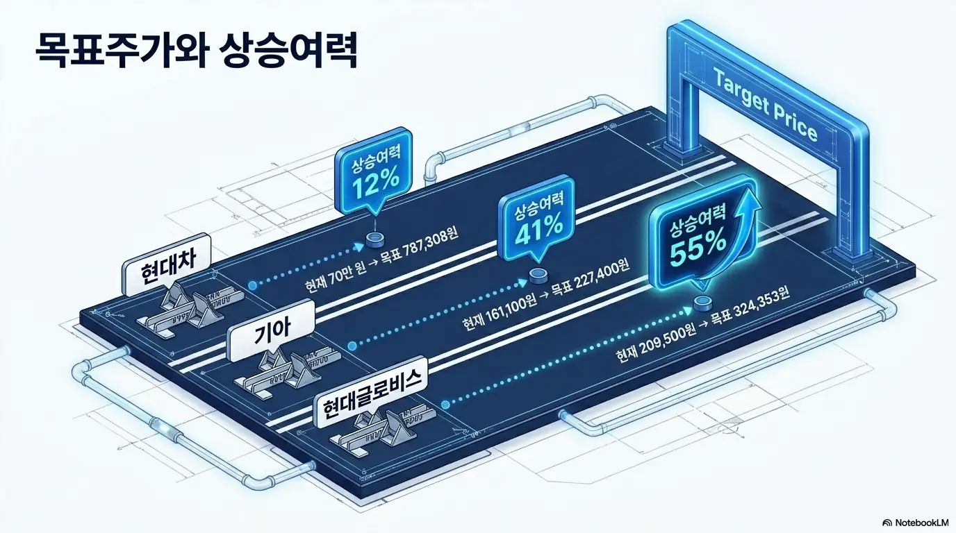 현대차그룹주 주가전망:'목표주가와 상승여력'이라는 문구가 포함된 인포그래픽 이미지. 이 이미지는 현대차 상승여력 12%, 기아 41%, 현대글로비스 55%로 세 종목의 현재가 대비 증권사 목표주가 여력을 시각적으로 전달하며, 블로그의 현대차그룹주 목표주가 분석과 관련된 내용을 설명함