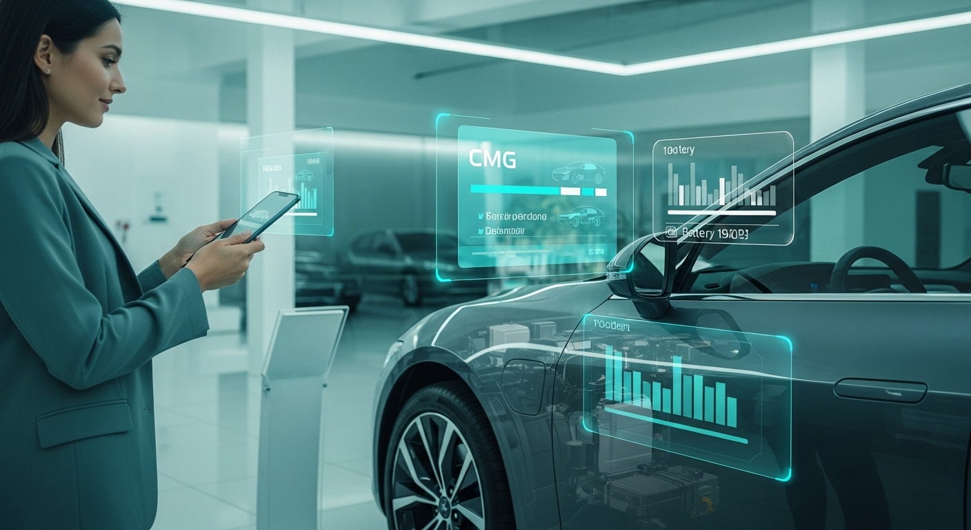 2025년 스마트폰 앱으로 중고차 정보를 확인하며 차량을 점검하는 현명한 구매자의 모습