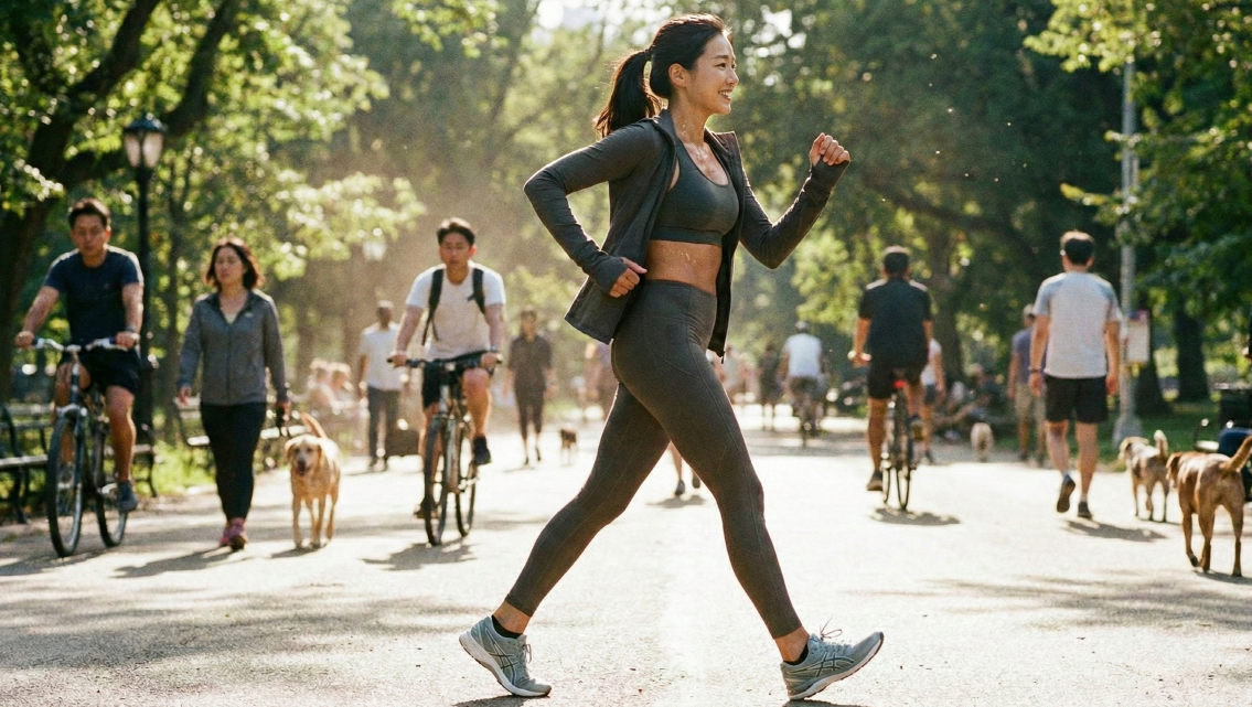 올바른 파워 워킹 자세로 걷기 다이어트를 하는 여성