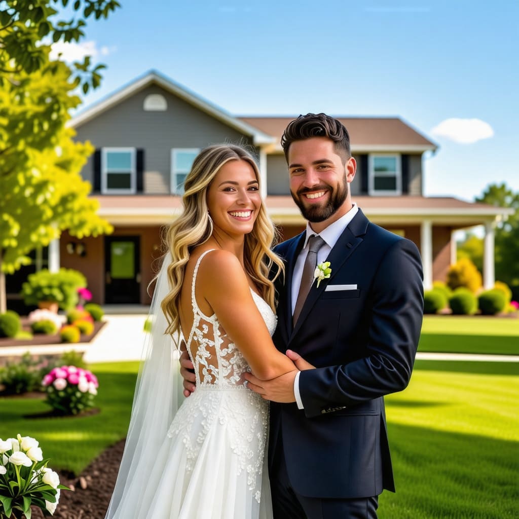 신혼부부가 새 집 앞에서 행복하게 웃고 있는 모습. 이 이미지는 주택 지원 제도를 통해 이루어진 주거 안정의 상징으로, 신혼부부의 희망과 행복을 표현합니다.