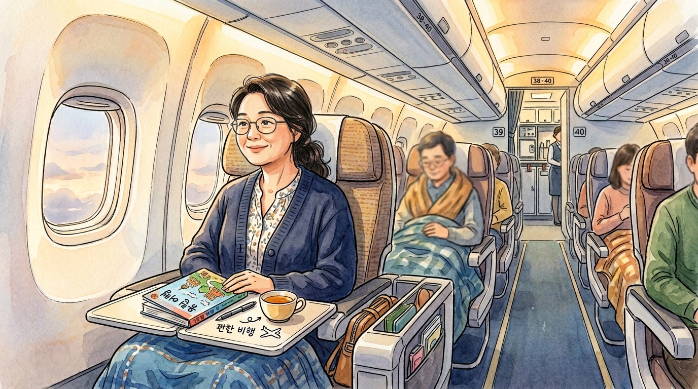 비행기 화장실 뒤에서 5~10번째 복도 좌석이 대기줄의 소음도 피하고 이동이 가장 편리한 안심구역이다. 그곳에 앉아 편한 비행을 하고 있는 중년의 모습.