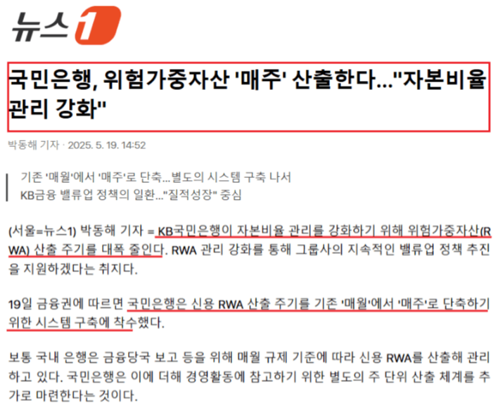 뉴스1 - 국민은행, 위험가중자산'매주'산출한다..."자본비율 관리 강화" 기사 캡쳐본