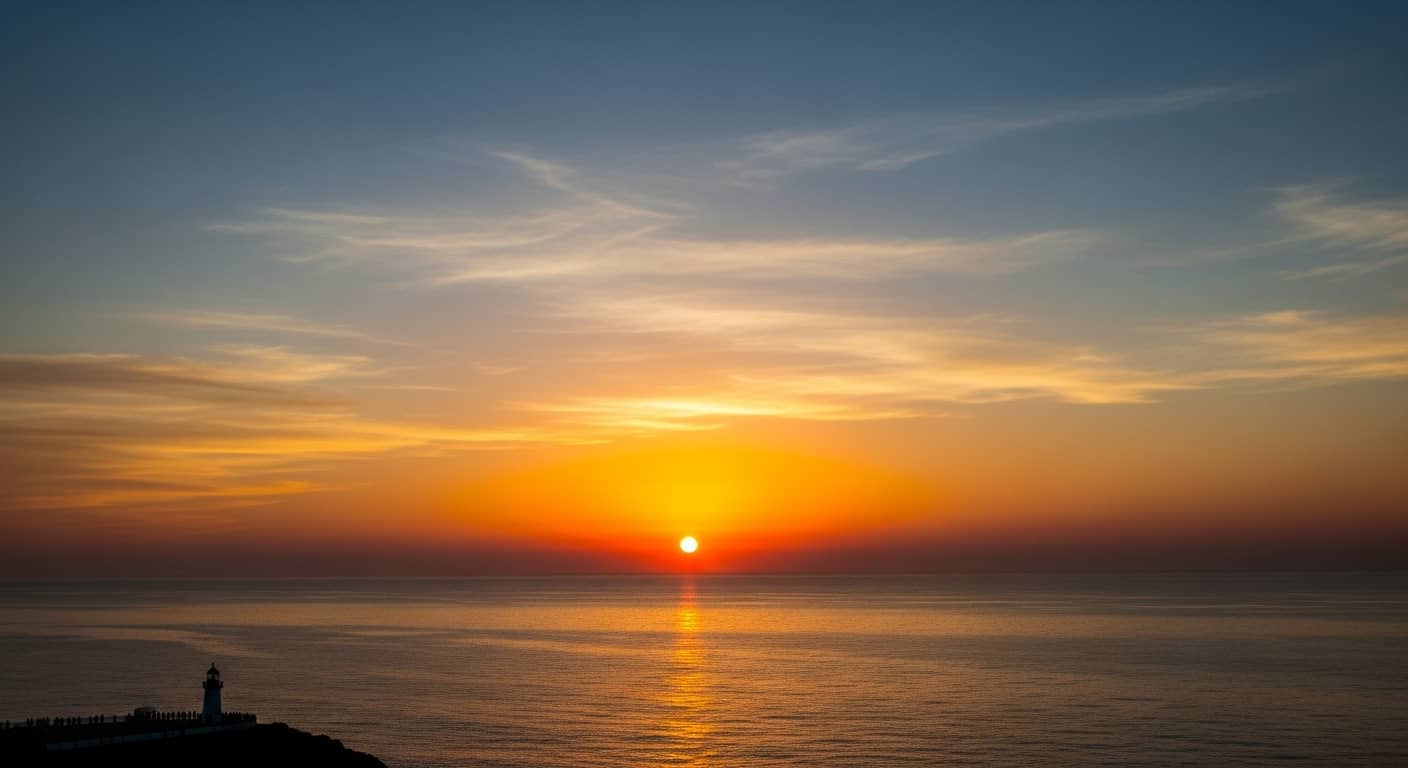 2026년 새해, 동해안의 장엄한 일출 풍경. 붉은 해가 수평선 위로 솟아오르며 황금빛 바다와 하늘을 물들이는 모습