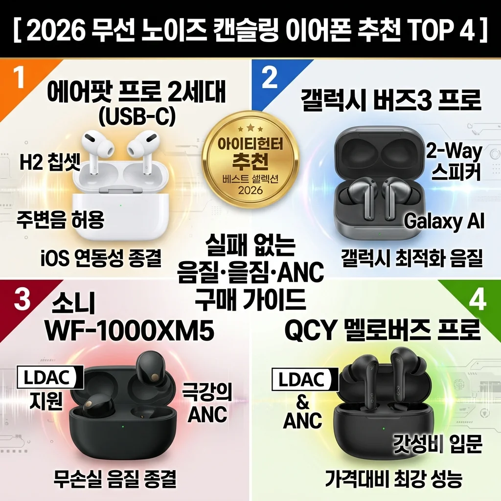 2026 무선 노이즈 캔슬링 이어폰 추천 TOP 4 에어팟 프로 2 버즈3 프로 소니 XM5 QCY 비교 구매 가이드