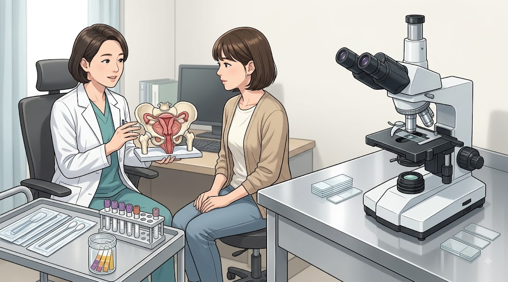 질 pH 측정 시험지 및 현미경검사 도구를 활용한 산부인과 검체검사 일러스트
