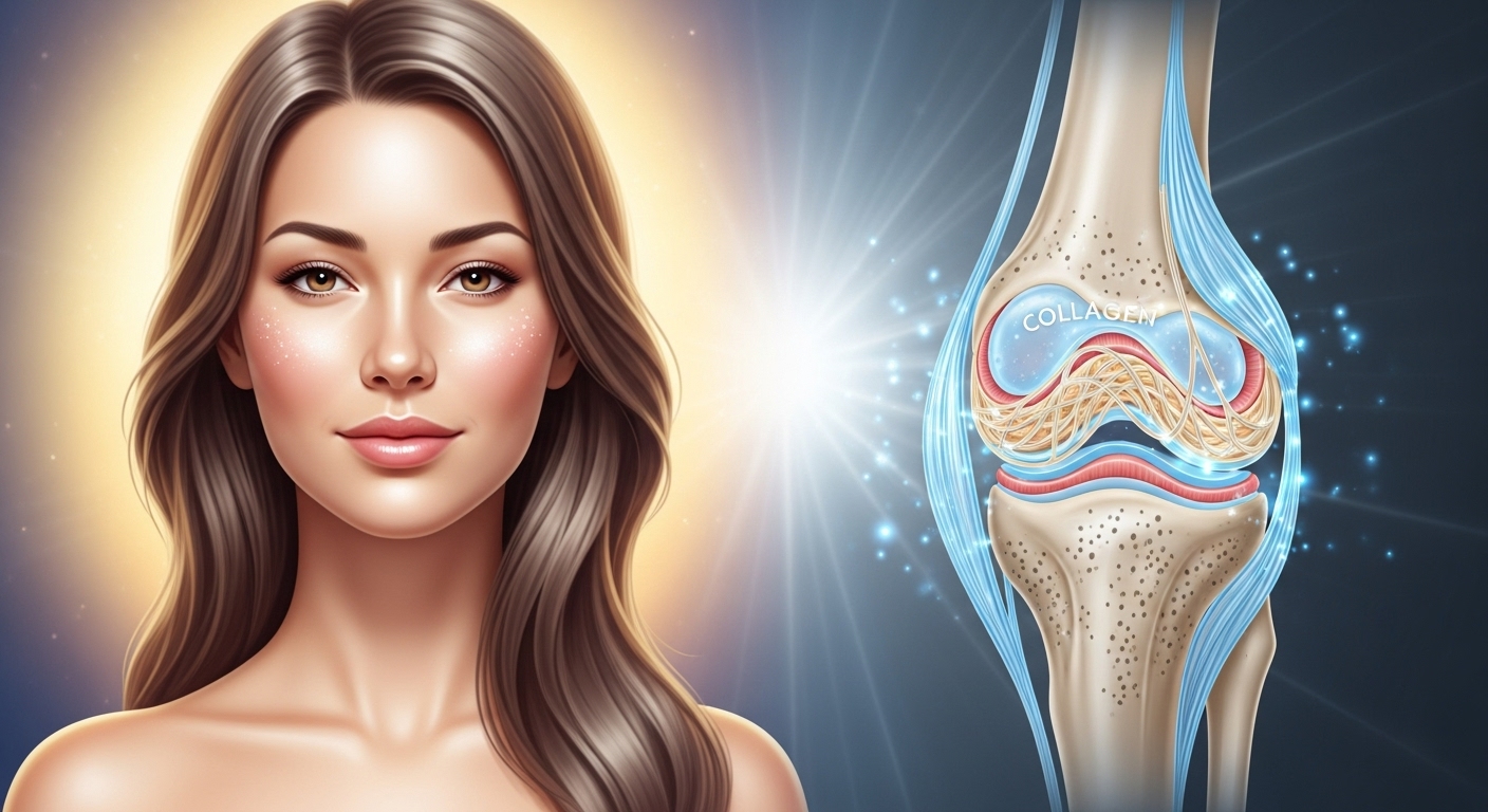 빛나는 피부와 건강한 머릿결을 가진 여성의 얼굴 옆에 유연한 관절이 강조된 그림. 콜라겐의 중요성을 시각화.