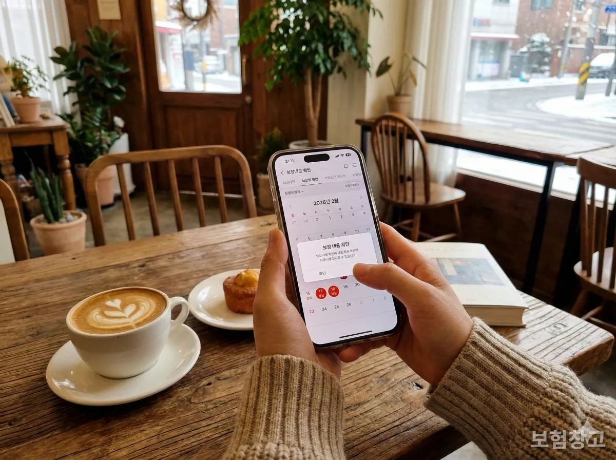 스마트폰 앱으로 2026년 2월 설 연휴 기간 보험 가입 내용을 확인하는 모습