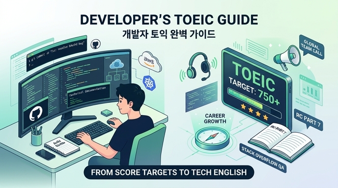 코딩하는 개발자와 함께 토익 점수 목표, 기술 영어, 해외 취업 아이콘이 그려진 현대적인 일러스트레이션. 상단에는 영어와 한국어로 '개발자 토익 완벽 가이드'라고 적혀 있습니다.