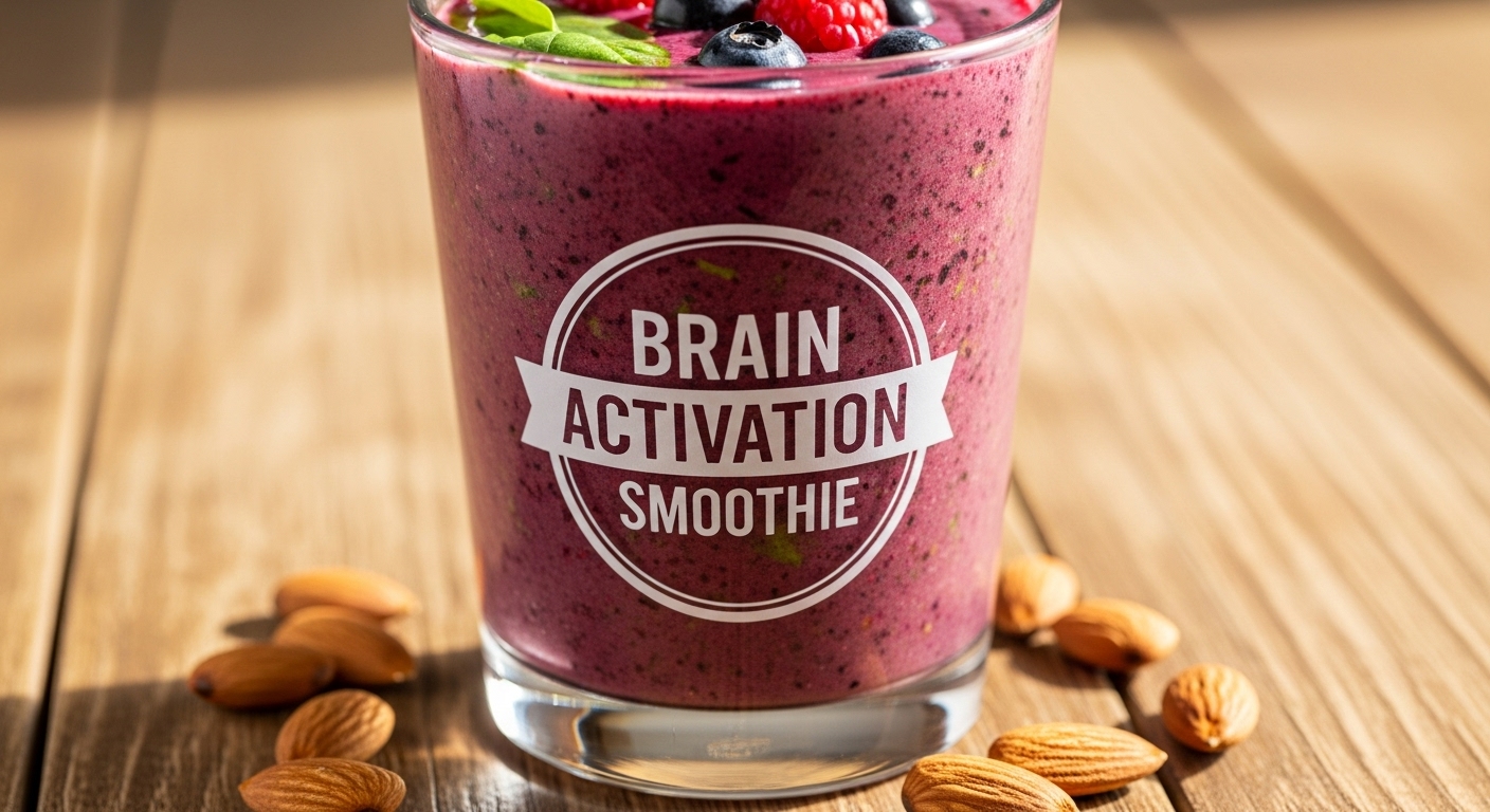 블루베리, 시금치, 아몬드가 들어간 뇌 활성 스무디 사진. 건강하고 신선한 느낌을 강조하여 치매 예방 식단을 시각적으로 표현.