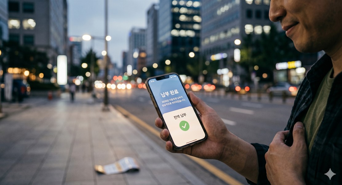 세금 납부 완료 메시지가 뜬 스마트폰 화면과 안도하는 분위기의 배경 도시 경관