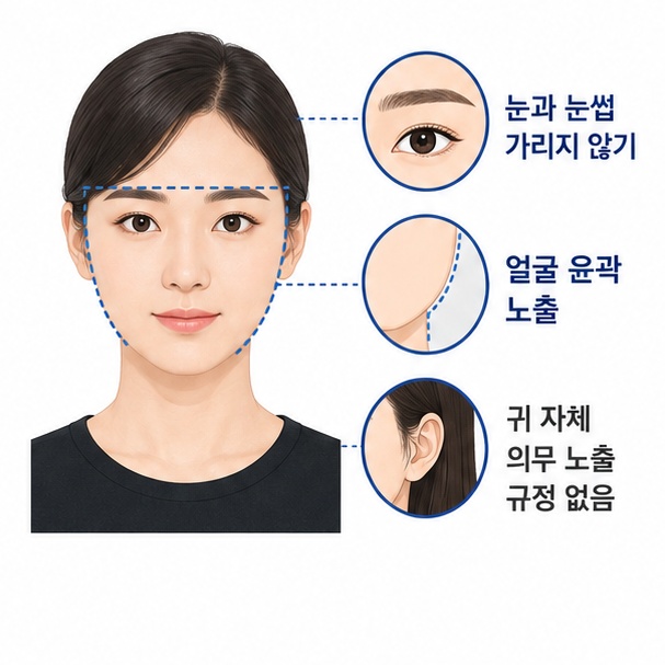 앞머리와 옆머리로 눈썹과 눈, 광대와 볼을 가리지 않아야 하며 귀 자체는 반드시 모두 보여야 하는 별도 규정이 없음을 보여주는 그림