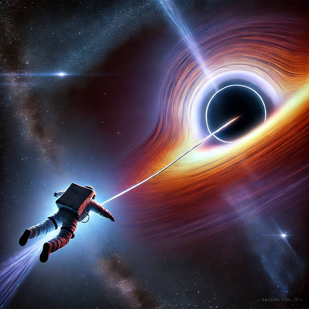 우주 공간에서 블랙홀에 빨려 들어가는 우주인과 사건의 지평선을 사실적으로 표현한 이미지