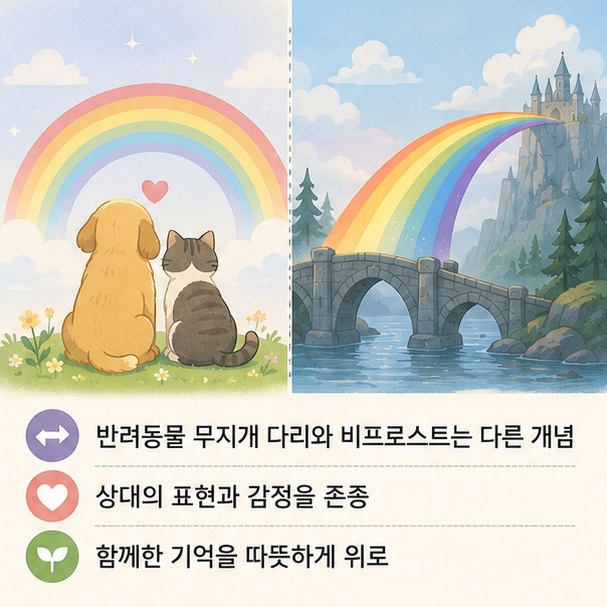 반려동물을 위한 무지개 다리와 북유럽 신화의 비프로스트를 비교해 두 표현의 배경과 의미가 서로 다르며 위로할 때 상대의 감정을 존중해야 함을 보여 주는 그림