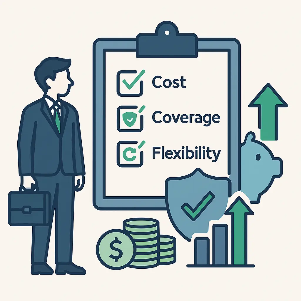 슈트-차림의-사회초년생-아이콘이-체크리스트를-살펴보며-비용-Cost-보장-Coverage-유연성-Flexibility-항목을-확인하는-모습과-옆에-저축-돼지저금통과-상승-그래프가-함께-배치된-인포그래픽