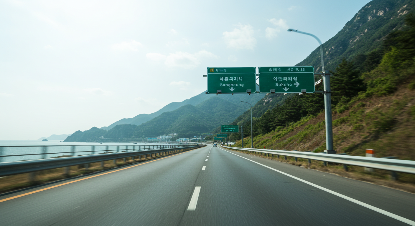 서울에서 강원도로 향하는 쾌적한 도로와 자연 풍경