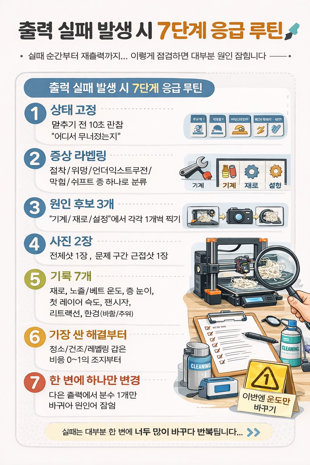 출력 실패 발생 시 7단계 응급 루틴을 한 장으로 정리한 3D 프린터 체크리스트 이미지