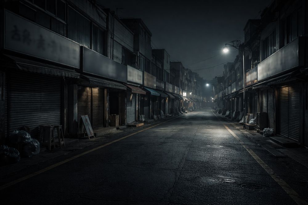 밤 시간대 불이 꺼진 지방 소도시 상가 거리로 지역 경제 쇠퇴를 상징하는 모습