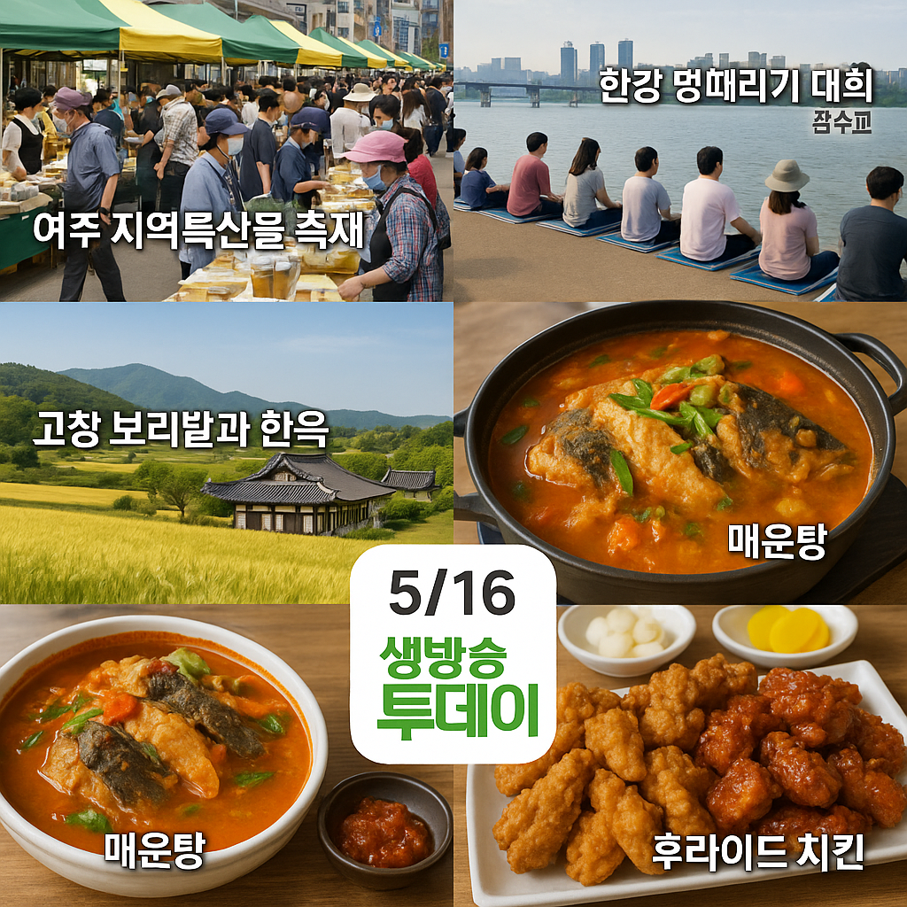 5월 16일 생방송 투데이 방송 정보: 여주 중소기업 박람회, 한강 멍, 고창 여행 명소, 세종 메기 매운탕, 고양 치킨 성공기