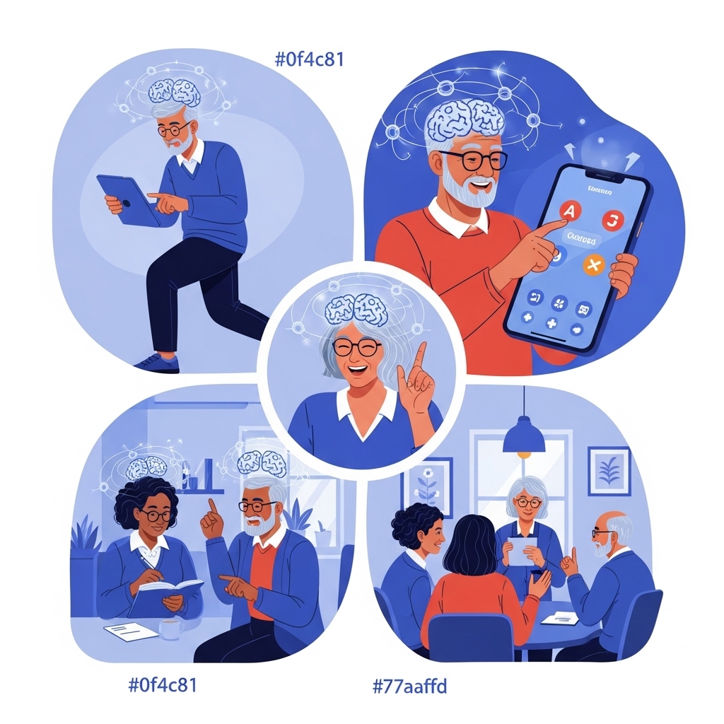 2025년, 다양한 현대 학습 방법을 통해 적극적으로 배우고 성장하는 중년 학습자들의 모습. 태블릿으로 마이크로러닝을 하거나, 스마트폰 게임으로 언어를 배우고, 스터디 그룹에서 즐겁게 토론하는 중년들이 활기찬 분위기에서 뇌를 활성화하는 모습을 보여줍니다.