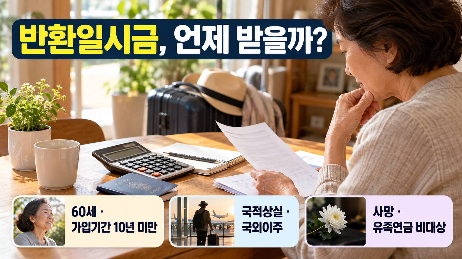 연금 자료를 살펴보는 여성의 실사 장면 아래에 60세와 가입기간 10년 미만, 국적상실&middot;국외이주, 유족연금 비대상 사망을 표시한 반환일시금 조건 인포그래픽