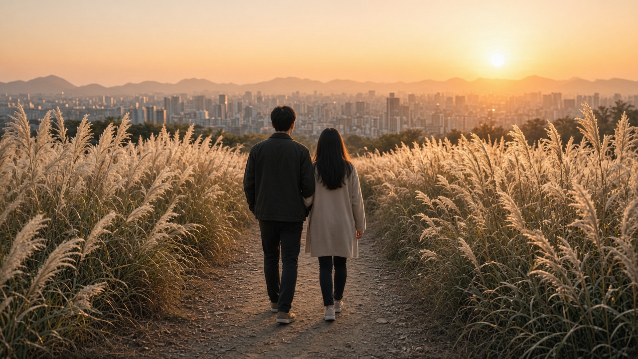 해 질 무렵 은빛 억새밭 산책로를 걷는 20대 한국인 커플의 뒷모습, 서울 하늘공원 분위기