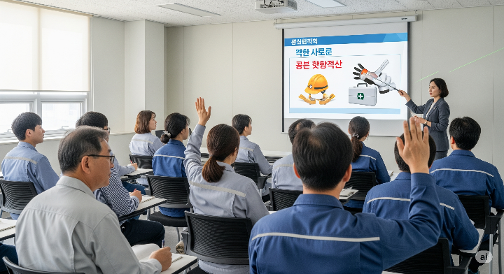 안전보건교육을 받고 있는 다양한 연령대의 근로자들