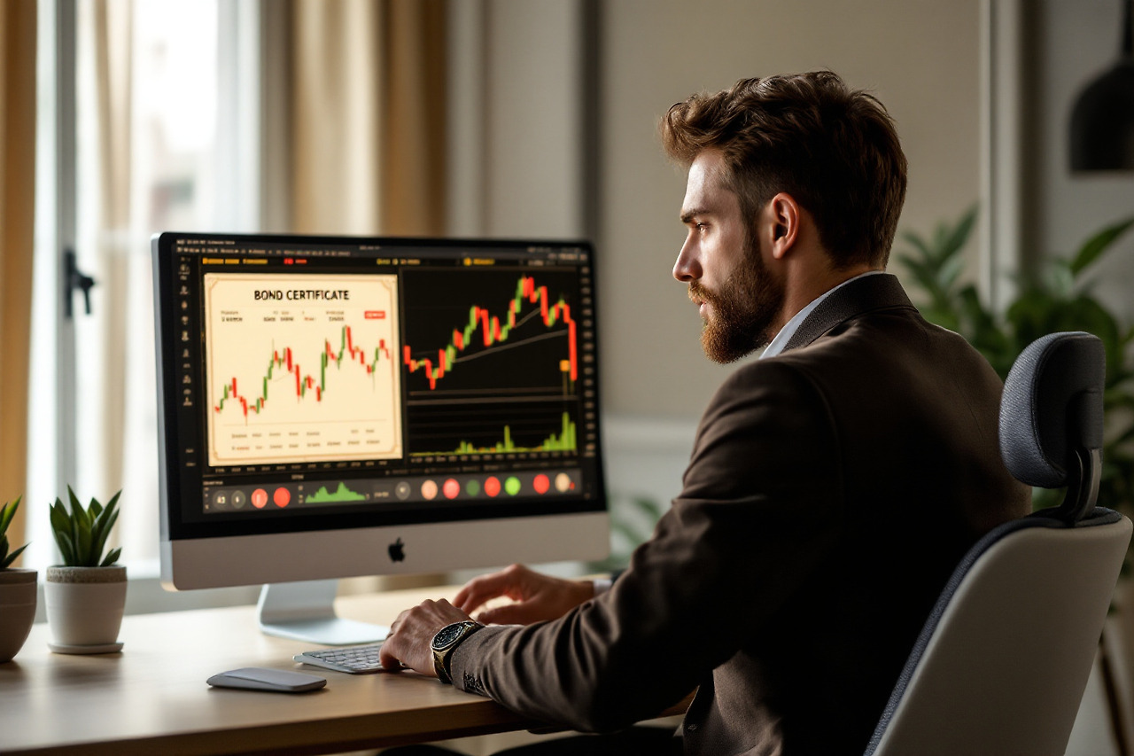 주식 차트, 채권 증서, 파생상품 거래 화면이 보이는 금융투자 모니터