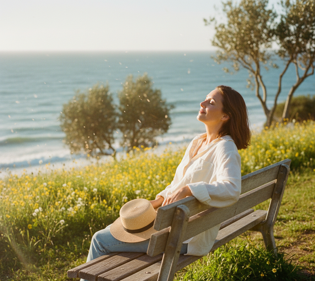 햇살을 받으며 벤치에 앉아 휴식하는 여성