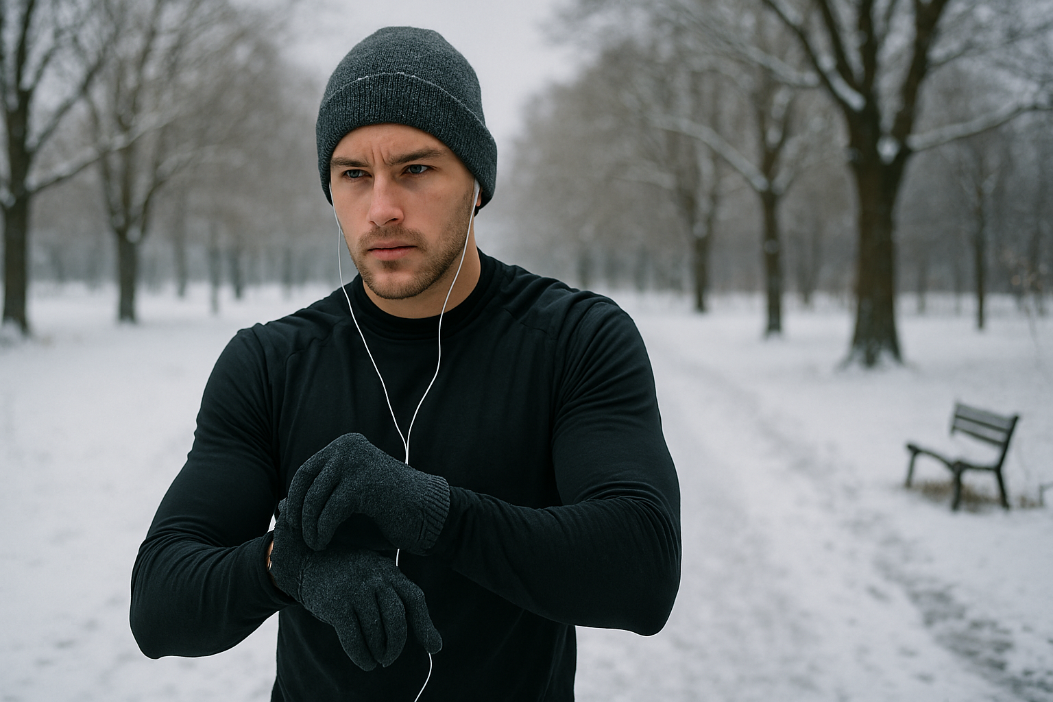 겨울철 외부 기온이 낮은 가운데 운동을 준비하는 모습