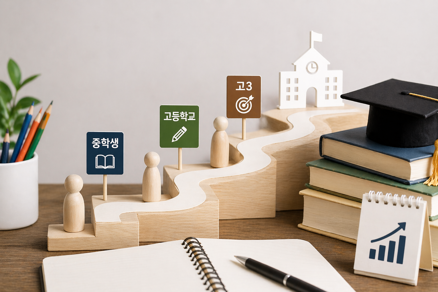 중학생부터 고등학생까지 입시 준비 과정과 학습 흐름을 보여주는 교육 이미지