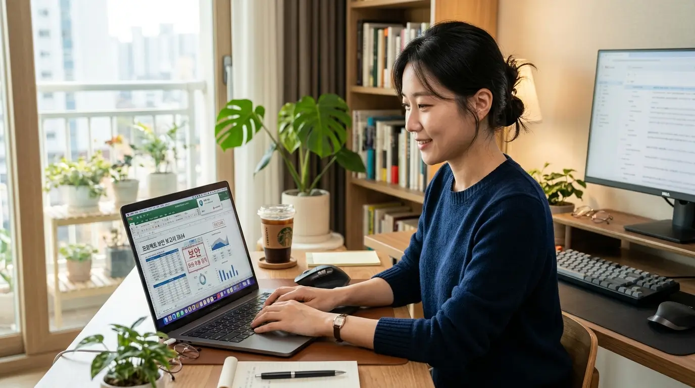 쾌적한 재택근무 환경에서 안정적인 VPN을 켜고 보안 엑셀 문서를 처리하는 스마트한 직장인의 모습