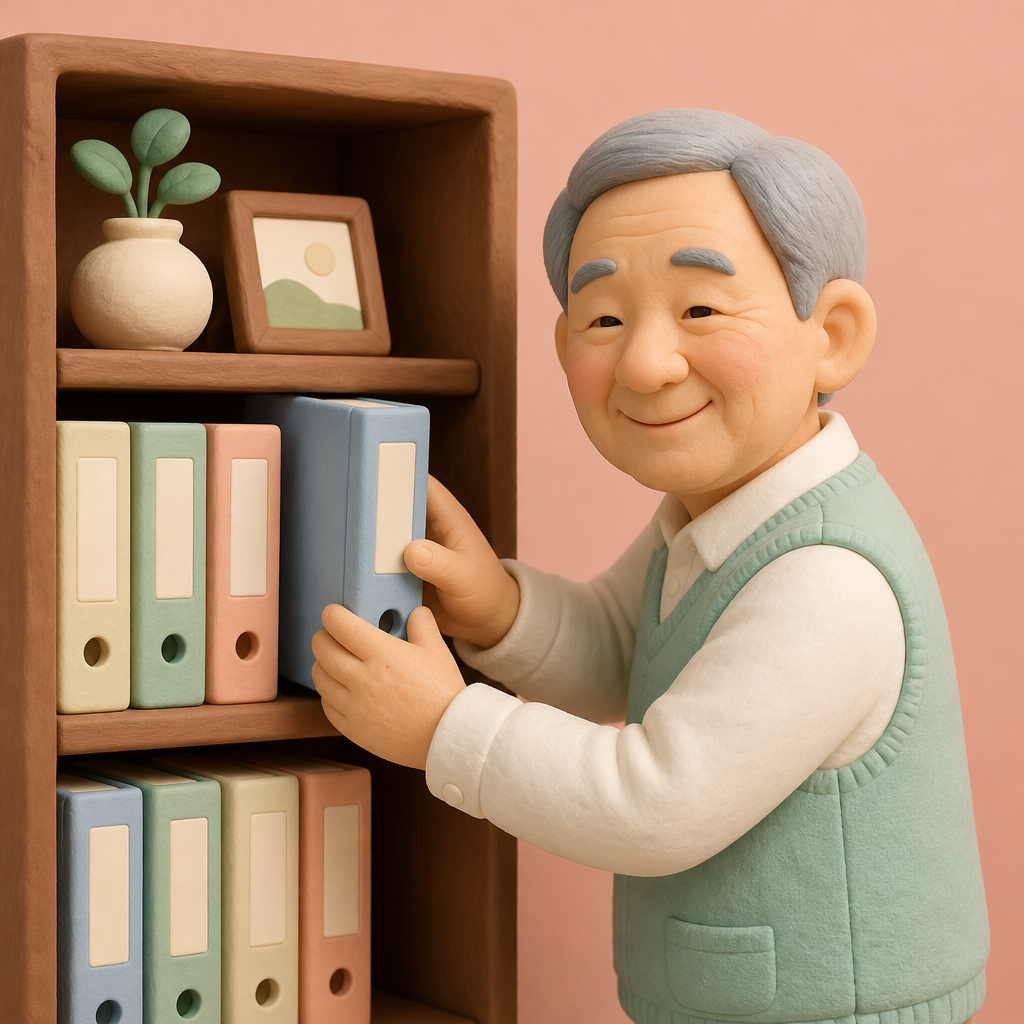 정리한 증권 파일을 책장에 꽂는 할아버지