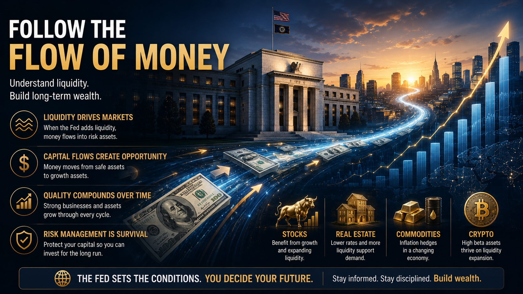 Money flowing through financial markets from the Federal Reserve, representing liquidity, capital flows, long-term investing, and wealth creation.
