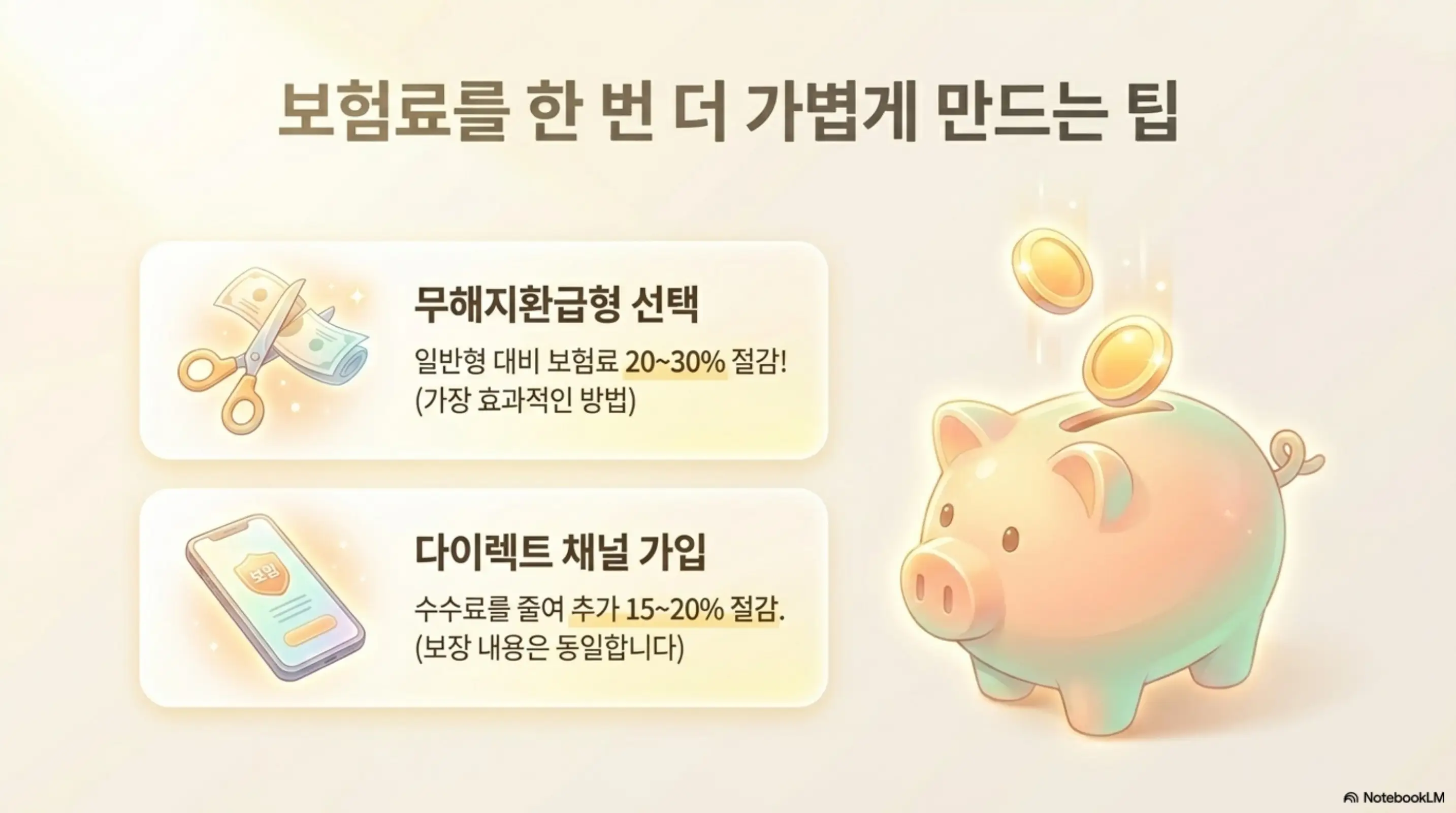 태아보험 어린이보험 가입시기: 태아보험 보험료를 절감하는 두 가지 방법을 정리한 인포그래픽. 무해지환급형 선택 시 일반형 대비 20~30% 절감되고 다이렉트 채널 가입 시 추가 15~20% 절감된다는 내용을 시각적으로 전달하며 태아보험 보험료 절감 방법과 관련된 내용을 설명함