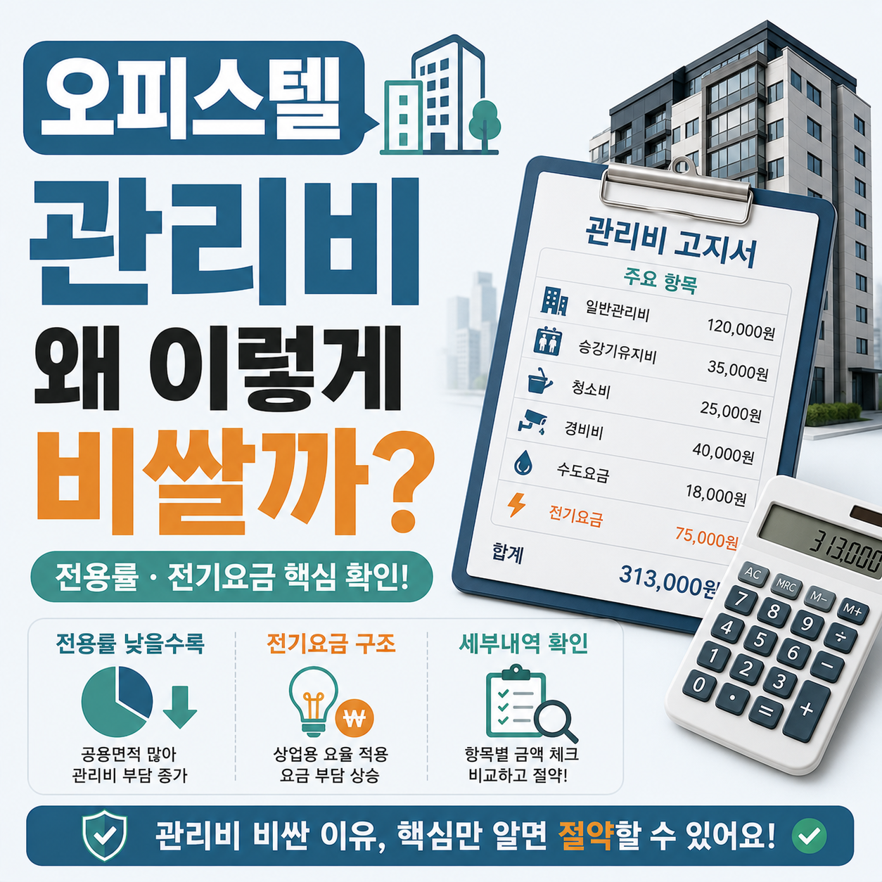 오피스텔 관리비 고지서와 계산기를 함께 놓고 확인하는 모습