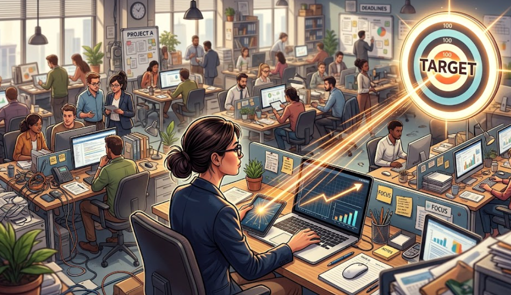 복잡한 업무 환경 속에서 하나의 과녁(목표)에만 포커스가 맞춰진 일러스트