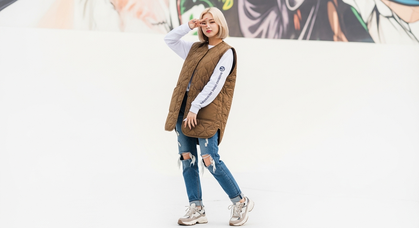 K-팝 아이돌이 모던한 퀼팅 김장조끼와 청바지를 매치하여 캐주얼하면서도 트렌디한 스트릿 패션을 선보이는 모습