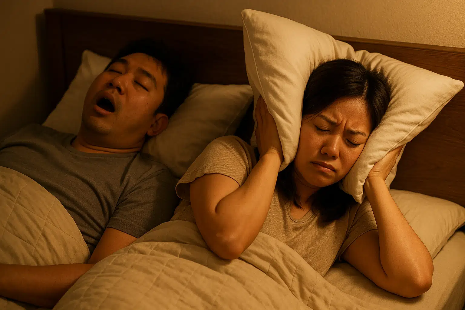 밤에 침대에서 코를 심하게 고는 남편과 힘들어하며 베개를 귀에 대고 잠을 청하는 아내