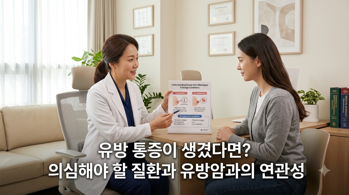 햇살이 은은하게 비치는 아늑하고 신뢰감 주는 유방외과 진료실에서 전문의와 환자가 밝고 차분한 표정으로 유방 통증(유방통)의 원인 질환들과 유방암과의 연관성 안내 차트를 함께 보며 이야기 나누고 있는 모습. '유방 통증이 생겼다면? 의심해야 할 질환과 유방암과의 연관성'이라는 문구가 적혀 있어, 유방 통증에 대한 과도한 불안감을 해소하고 정확한 진단의 중요성을 시각화함.