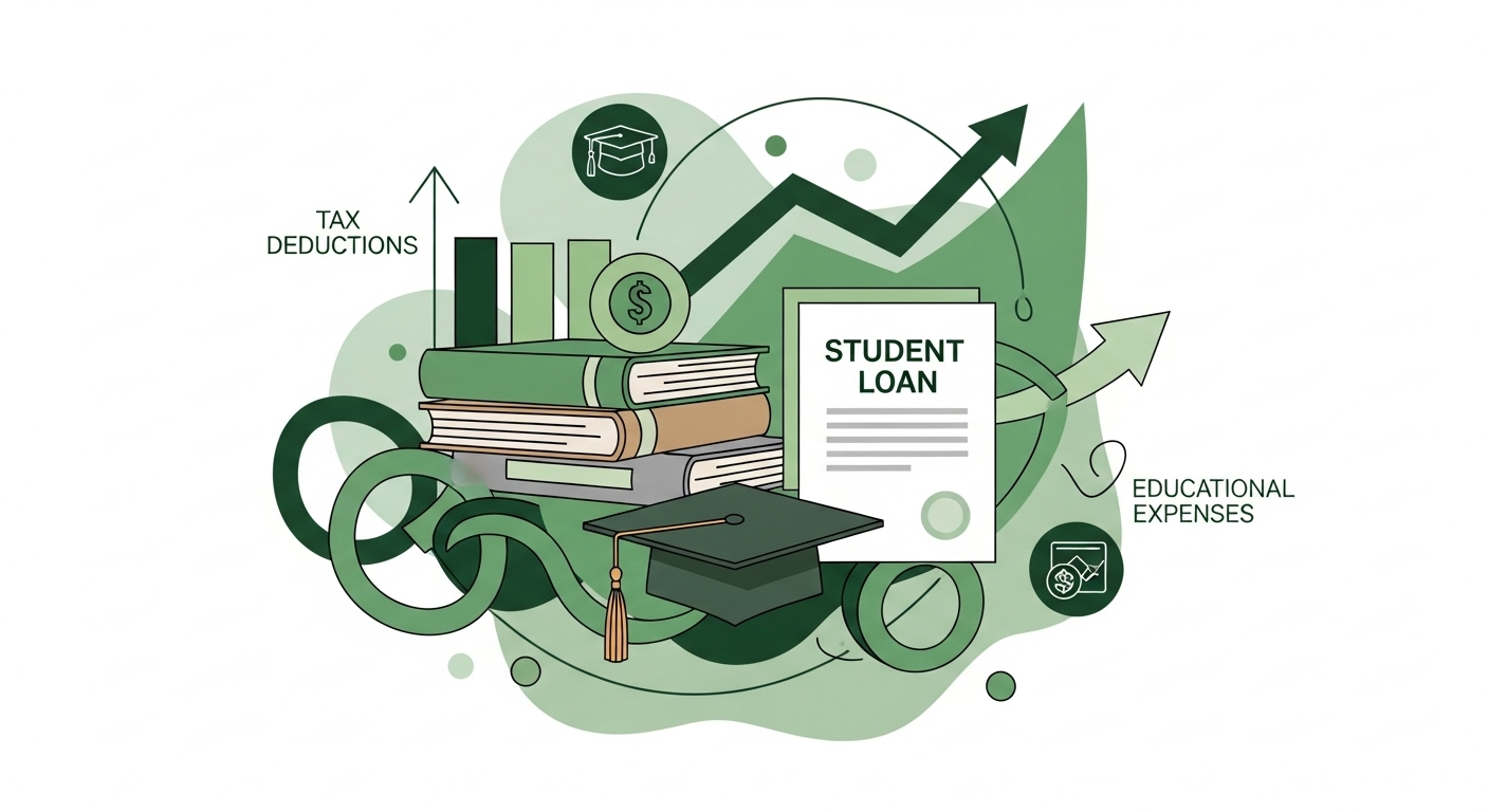 학자금 대출 서류와 책, 졸업 모자를 배경으로 교육비 세액공제 혜택을 시각적으로 표현한 그림.